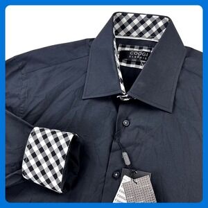 COOGI CLASSIC Dress Shirt Men's XL 17 17.5 Black White Gingham Flip Cuff NWT NEW